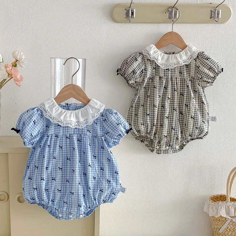 

Новый летний комбинезон для малышей 2026 года, с коротким рукавом, хлопковый, с принтом, для девочек, 0-24 месяца, детская одежда