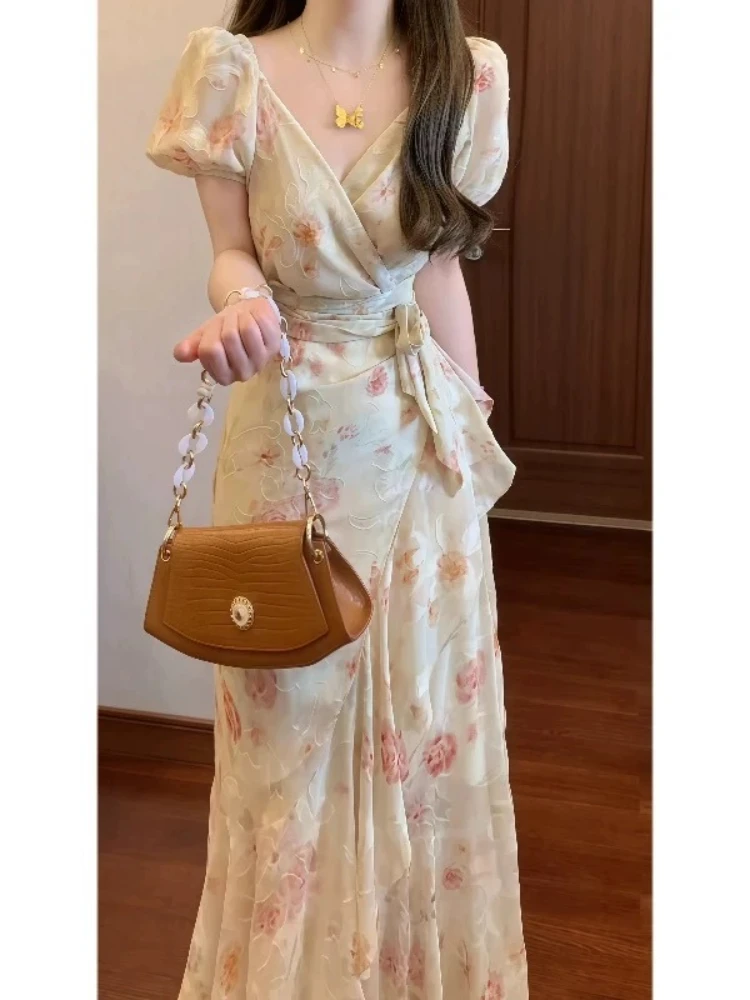 Beautiful Flower Realm Summer French Romantic One Piece Strap Printed Dress with Lotus Leaf Edge Temperament Long Dress