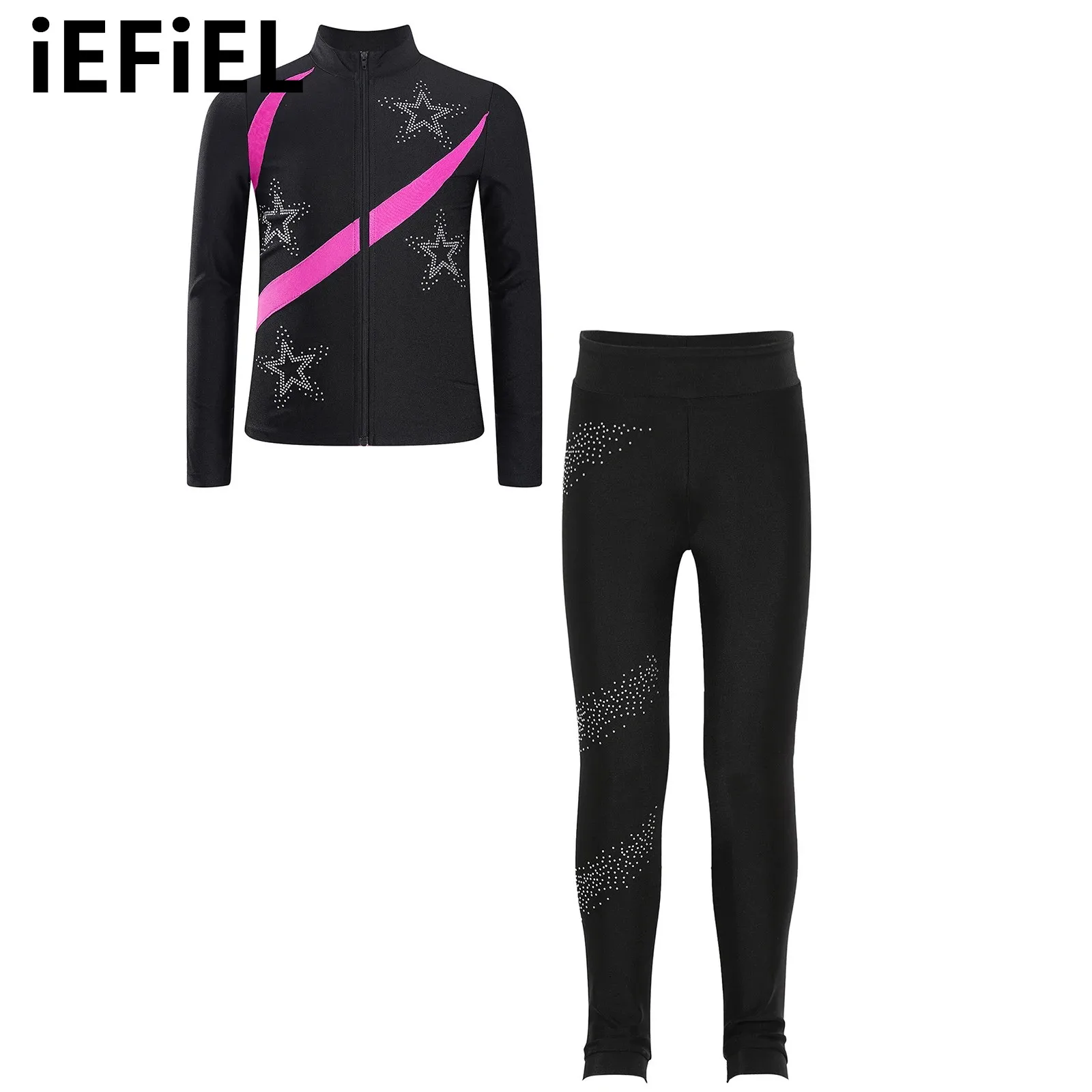 

Kids Girls Figure Skating Sets Shiny Star Sports Top Contrast Color Long Sleeve Stand Collar Zipper Sweatshirt with Leggings