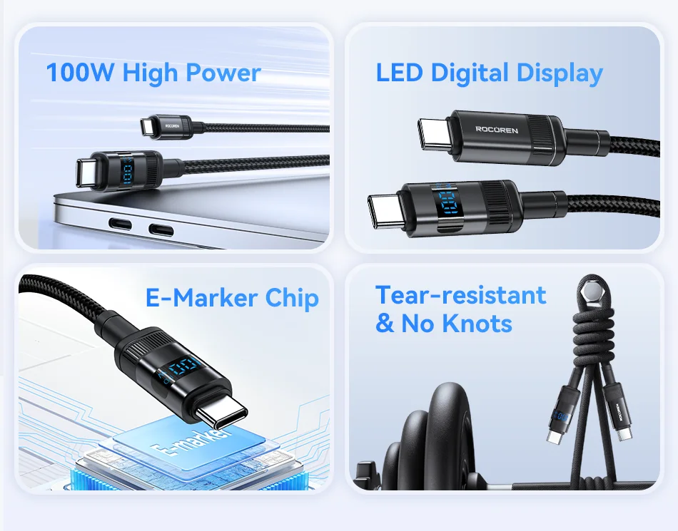 Rocoren 100 W USB-Typ-C-Kabel mit Digitalanzeige 5 A PD3.1 Schnelllade-Typ-C-Kabel für MacBook iPhone 16 15 Pro Samsung Xiaomi – Detail 3