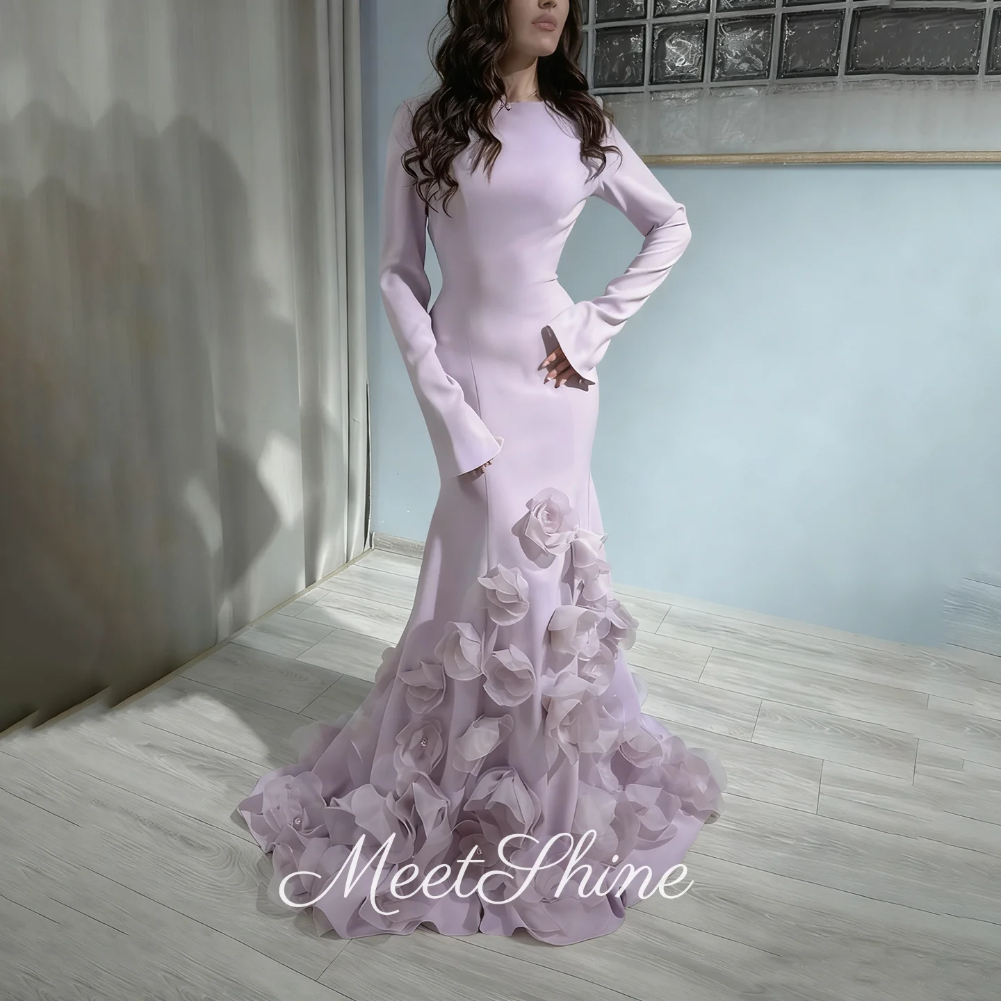 Vestidos de Noche románticos con flores en 3D, sirena morada, cuello redondo, elegantes, mangas largas, tren de barrido, vestido de fiesta, vestidos de graduación personalizados