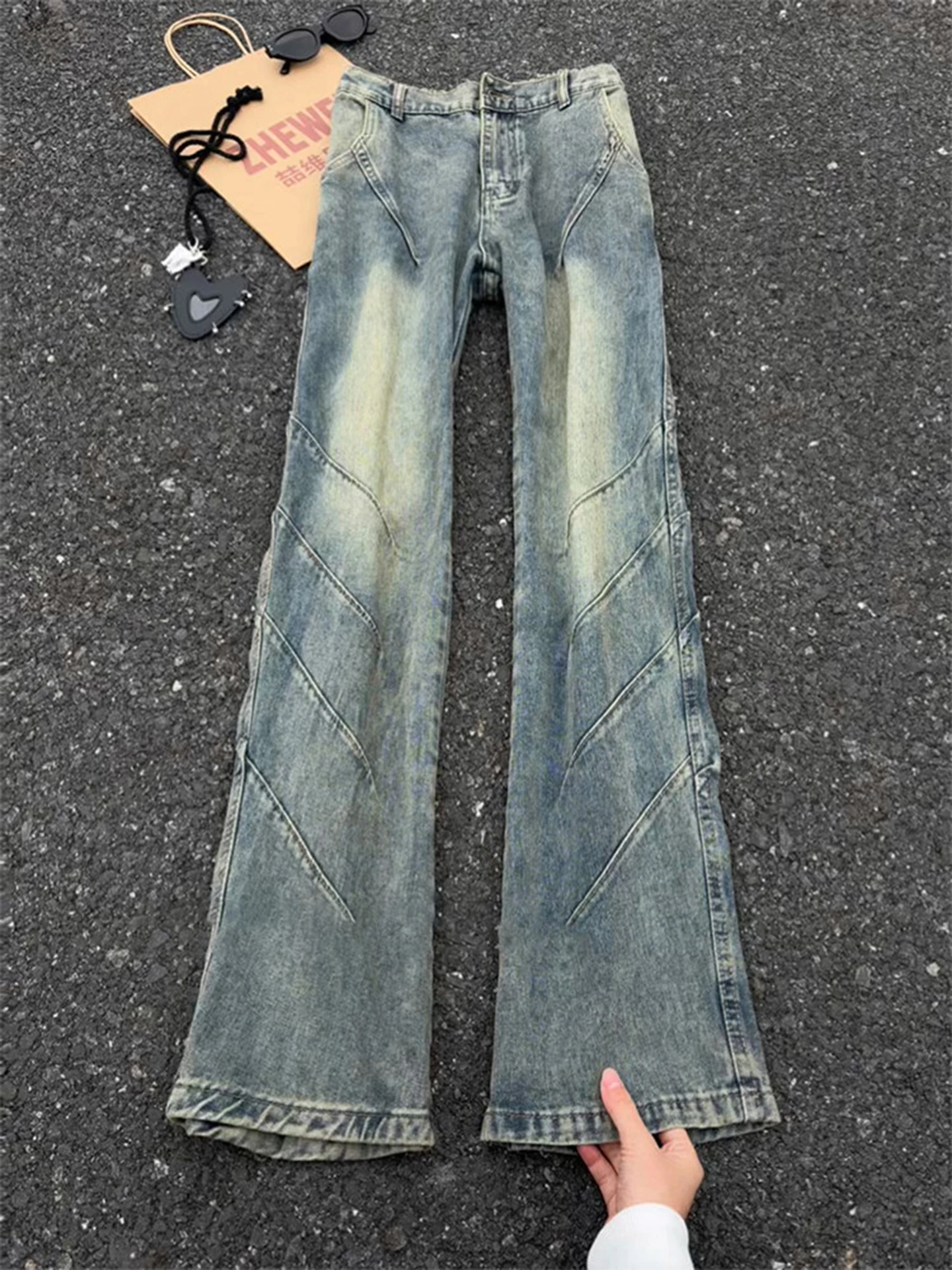 

Retro Waed Men's Denim Jeans Spring Autumn High Street Faion Brand Workwear Knife Straight Leg Micro Flared Long Tro...