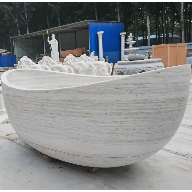 Modern Natural Stone Boat Shape Light Grey Marble Bathtub With Wood Veins Hand Carved Bath Tub