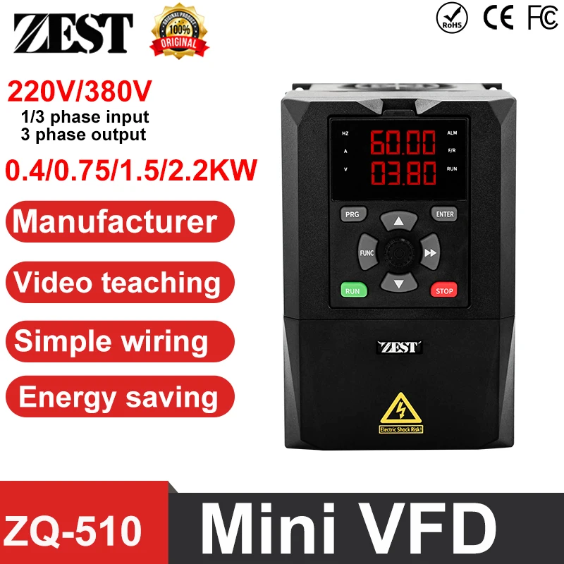 

ZQ-510 Mini VFD 1ph 220V to 3ph 220V VFD Variable Frequency Drive Converter Inverter 0.75/1.5/2.2 KW Motor Speed Controller