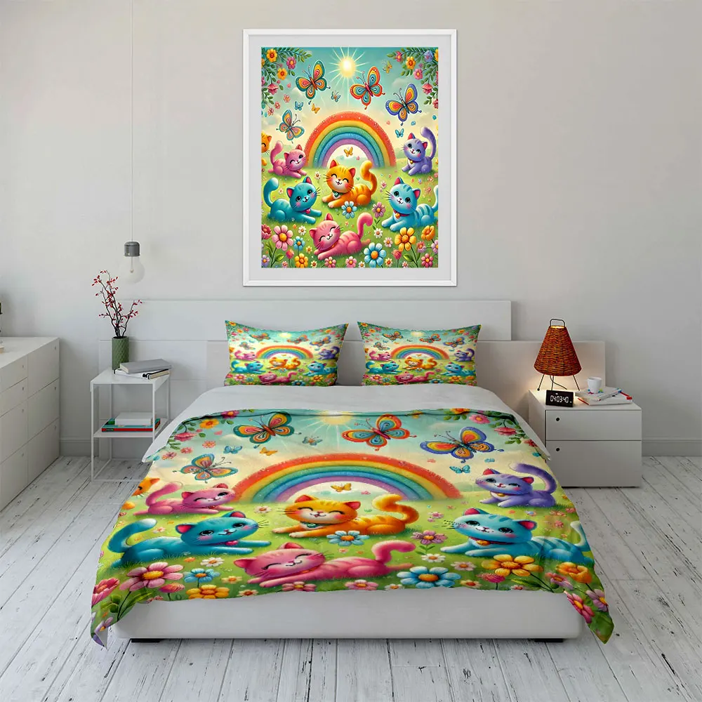 Cute cats playing on rainbow meadow Print Soft Comfortable Duvet Cover Bedding Set Included 1*Duvet Cover  2*Pillowcases