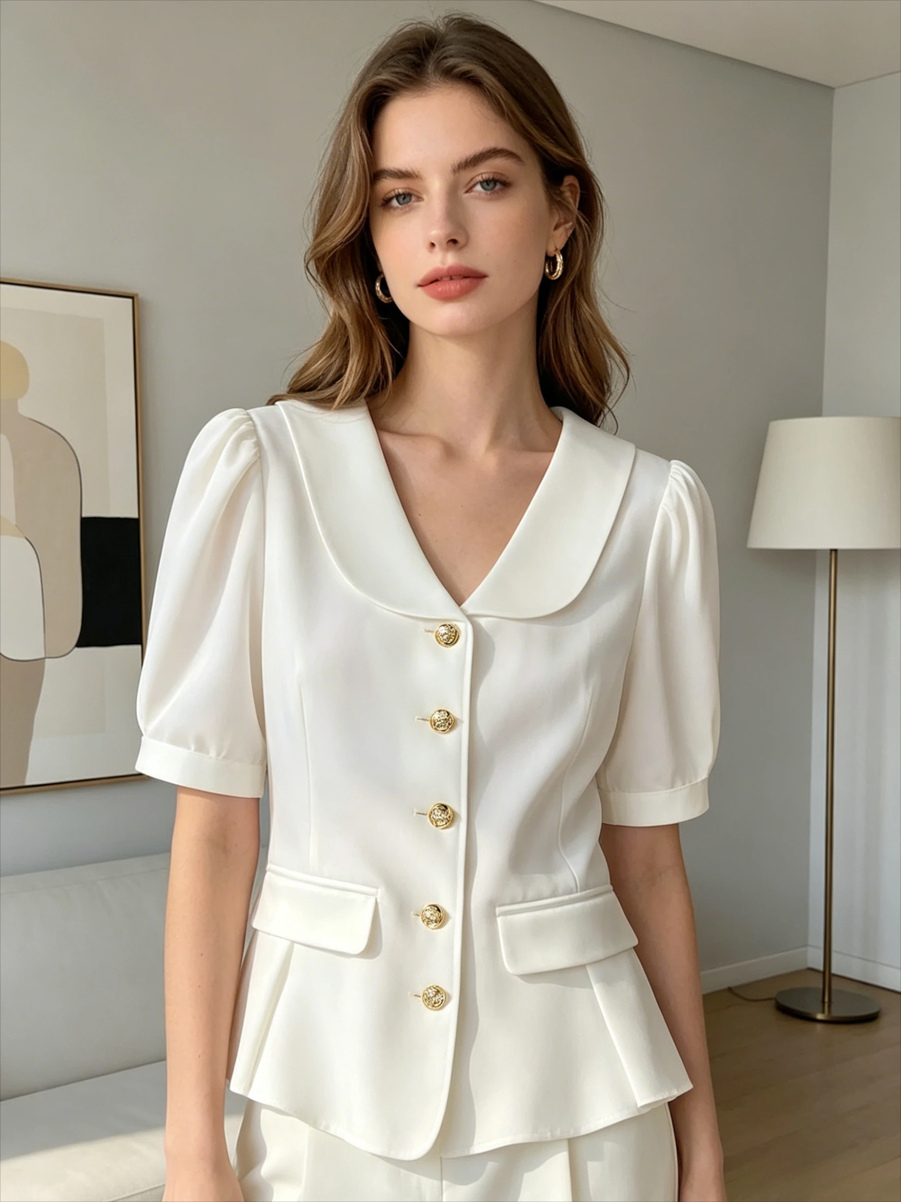 

Elegant Cute Peter Pan Collar Solid Color Puff Sleeve Ruffle Hem Metal Button Women Blouse shirt shirts for women