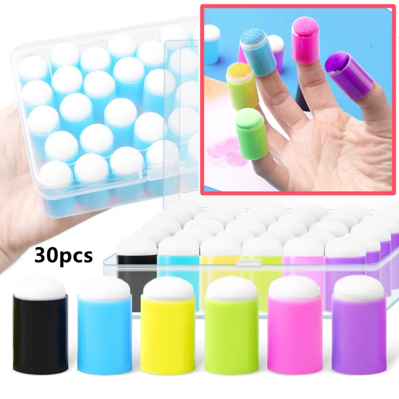 

30PCS Craft Finger Sponge Daubers with Storage Box ,Drawing Project Finger Painting Sponge Set for Card Making, Painting, Stampi