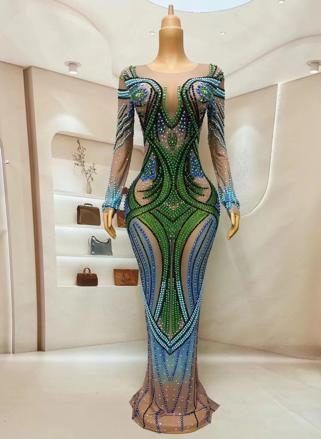 Vestido transparente desnudo con perlas azules brillantes y diamantes de imitación verdes, disfraz de celebración de cumpleaños, vestido de actuación de baile nocturno