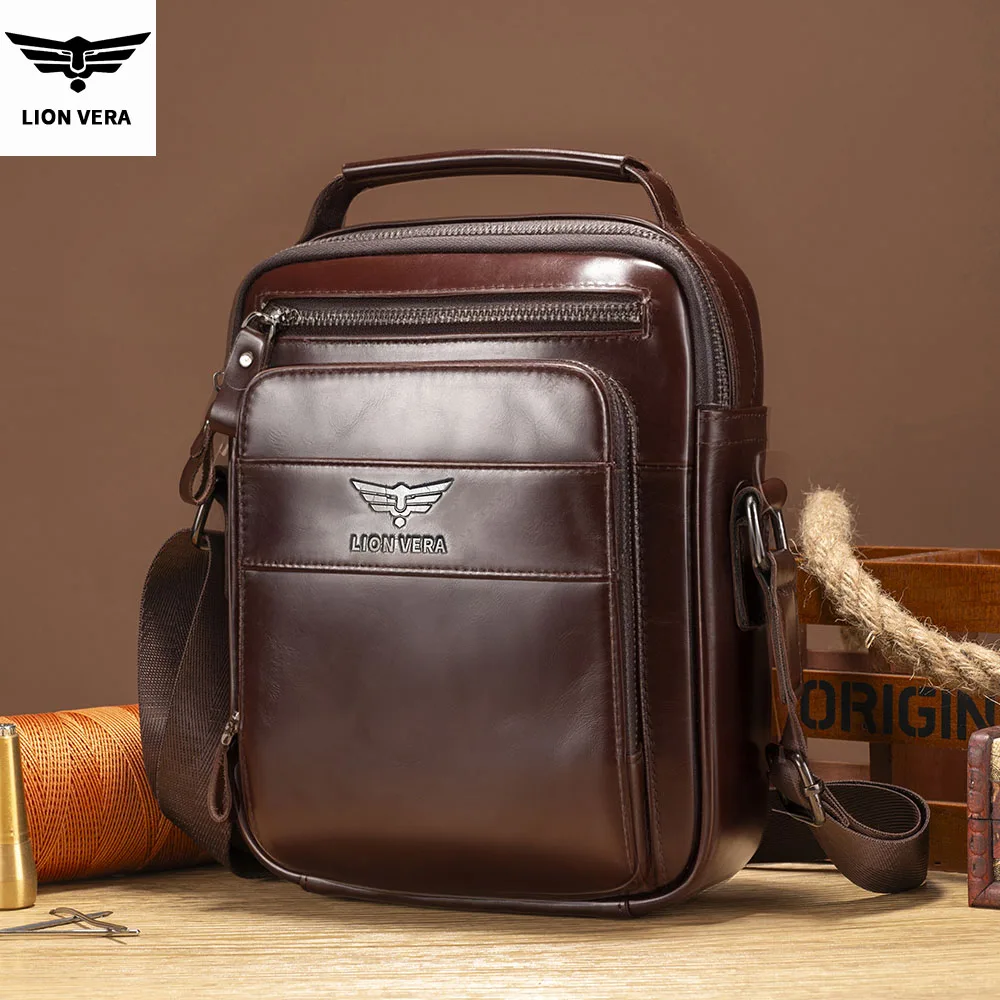 LION VERA Men's Genuine Leather Shoulder Bag Multifunctional 6.7-inch Tablet Handbag Retro Casual Crossbody Bag