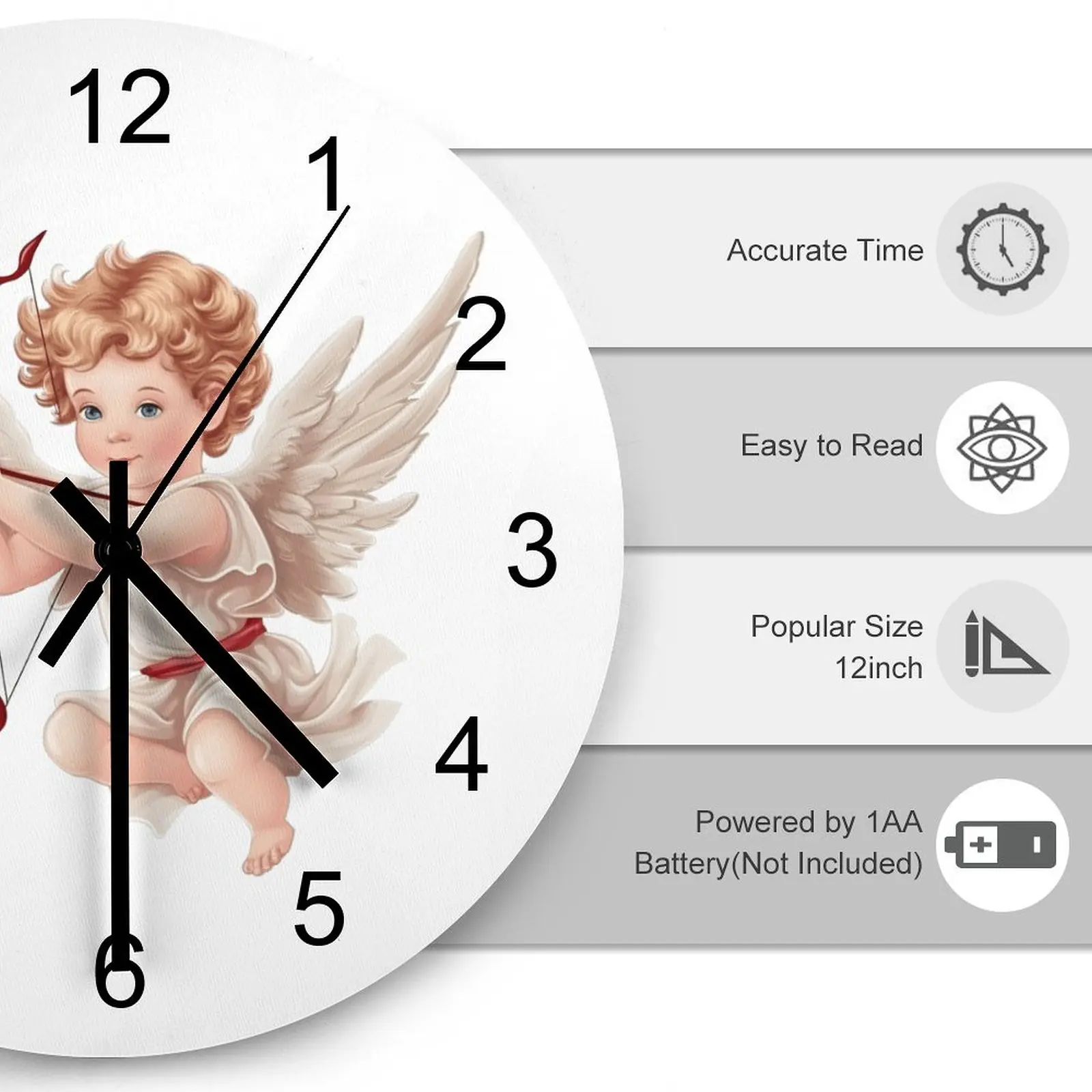 Study Wall Clock Wings Cherub Cupid Angel Clocks 12 inch Mute Wood Round 3D Display Durable Rustic