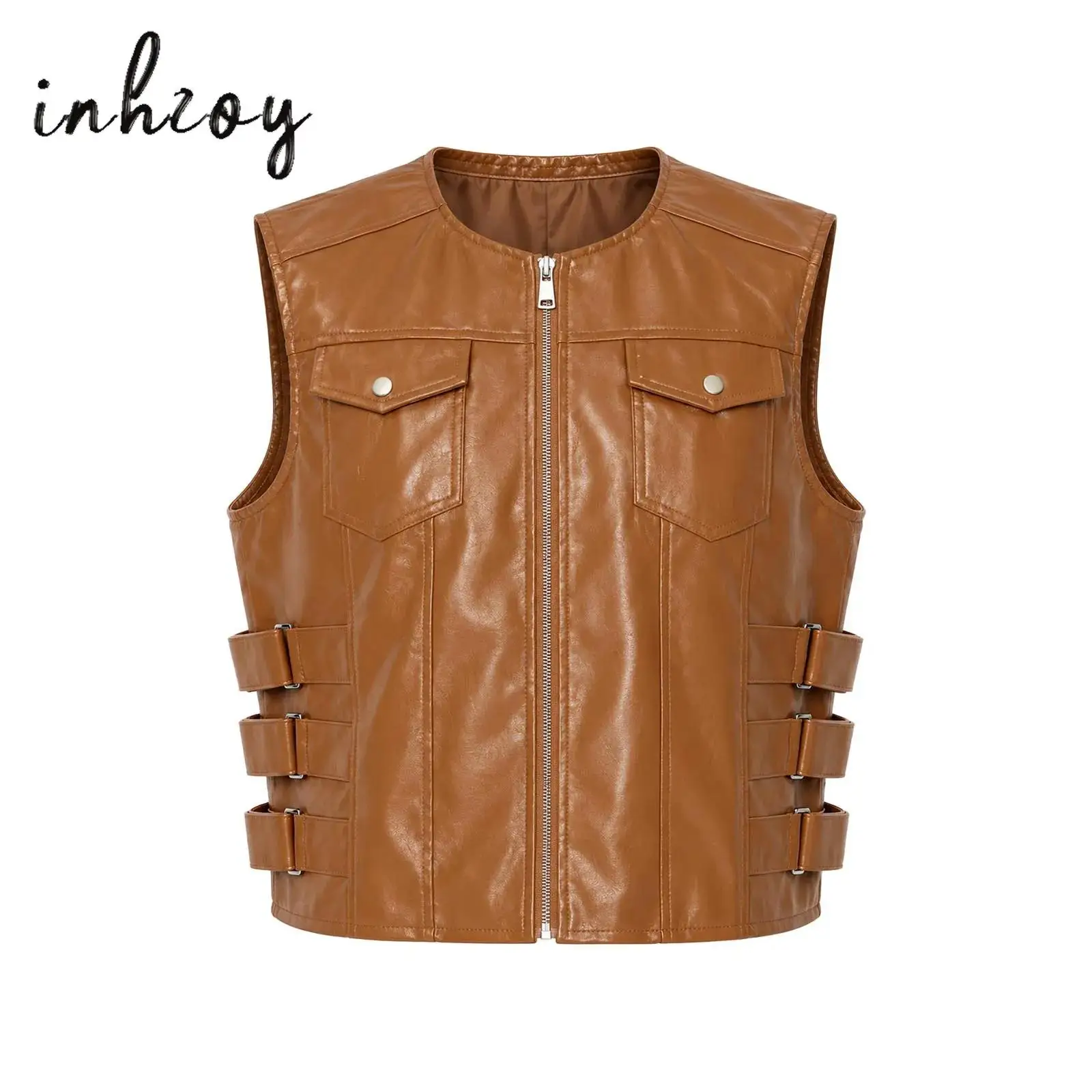 Men Motorcycle Coat Faux Leather Vest Side Button Straps Zipper Sleeveless Jacket with Flap Pockets for Club Party Streetwear