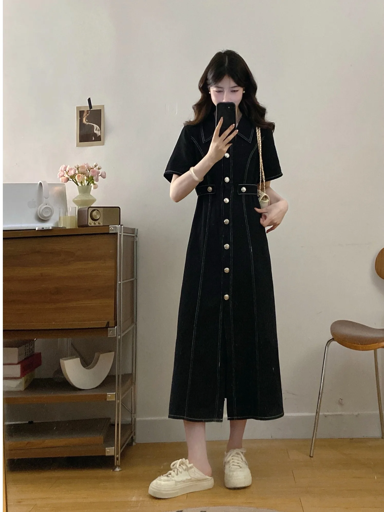 

plus Size Retro Collar Short Sleeve Black Dress Slimming Waist Single Button Korean Style Commute A-Line Dress for Women