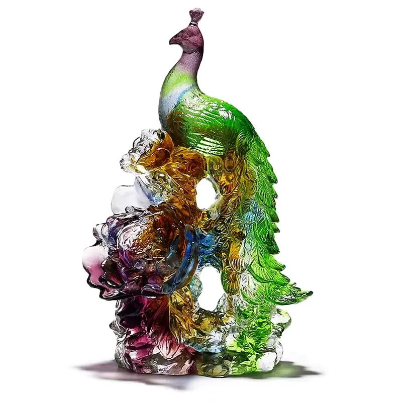 Elegant Crystal Peacock Figurine Home Decoration Ornament Colorful Glass Bird Statue for Living Room Shelf Display Art Craft