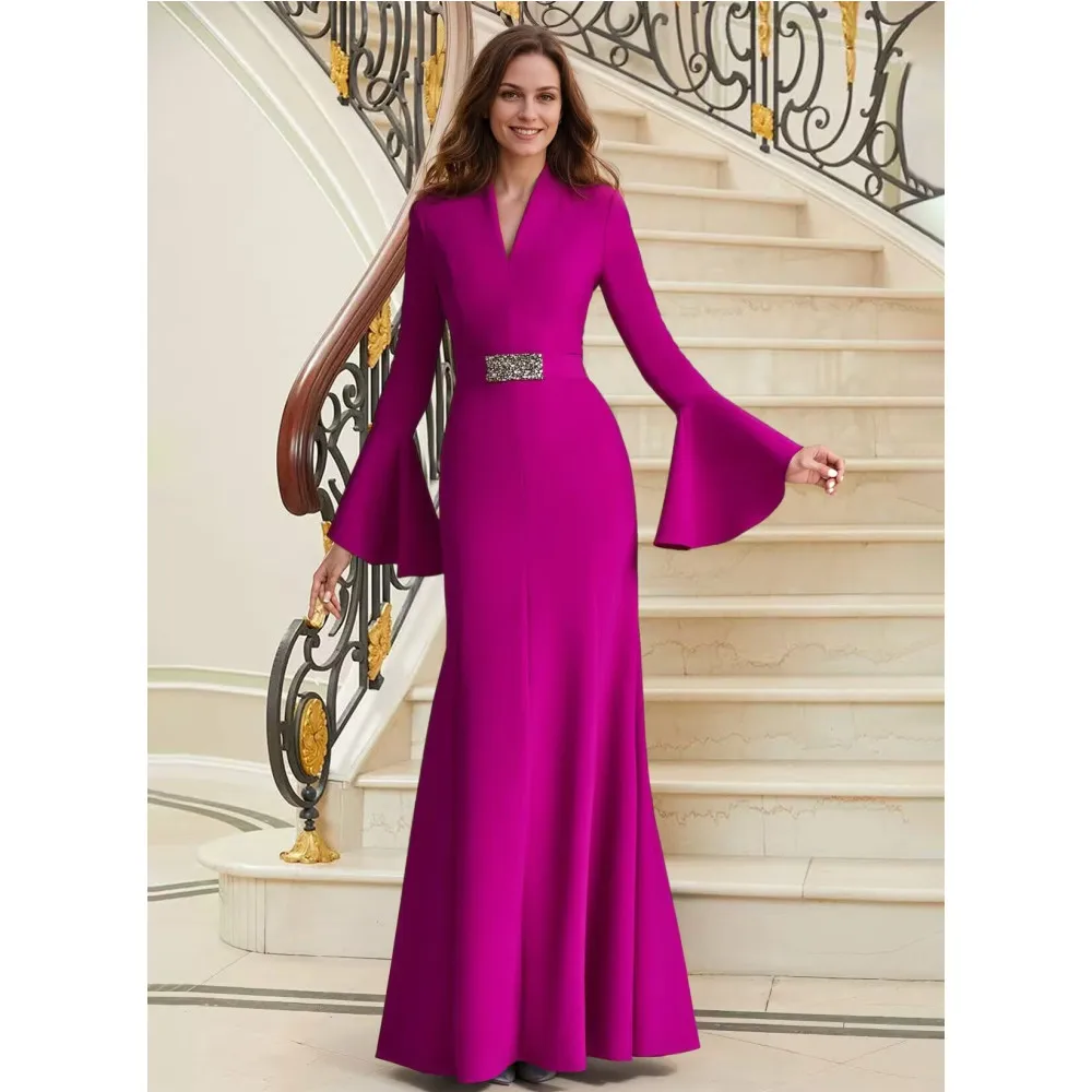 Long Evening Dresses Luxury Full Sleeve Prom Dress Mermaid Party Dresses for Women 2024 V-Neck Formal Occasion Cocktail Gown