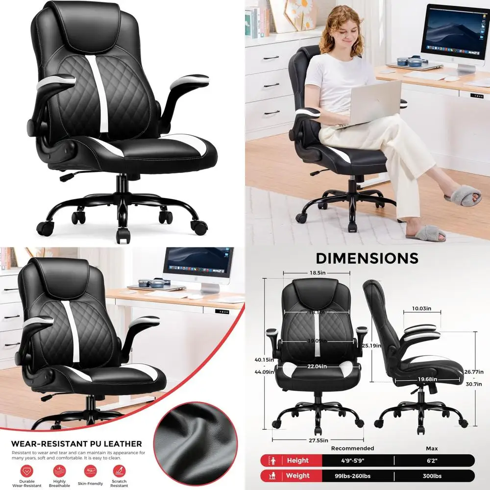 

Ergonomic PU Leather Gaming Chair with Lumbar Support, Adjustable Height and Flip-Up Arms for Short Adults, White