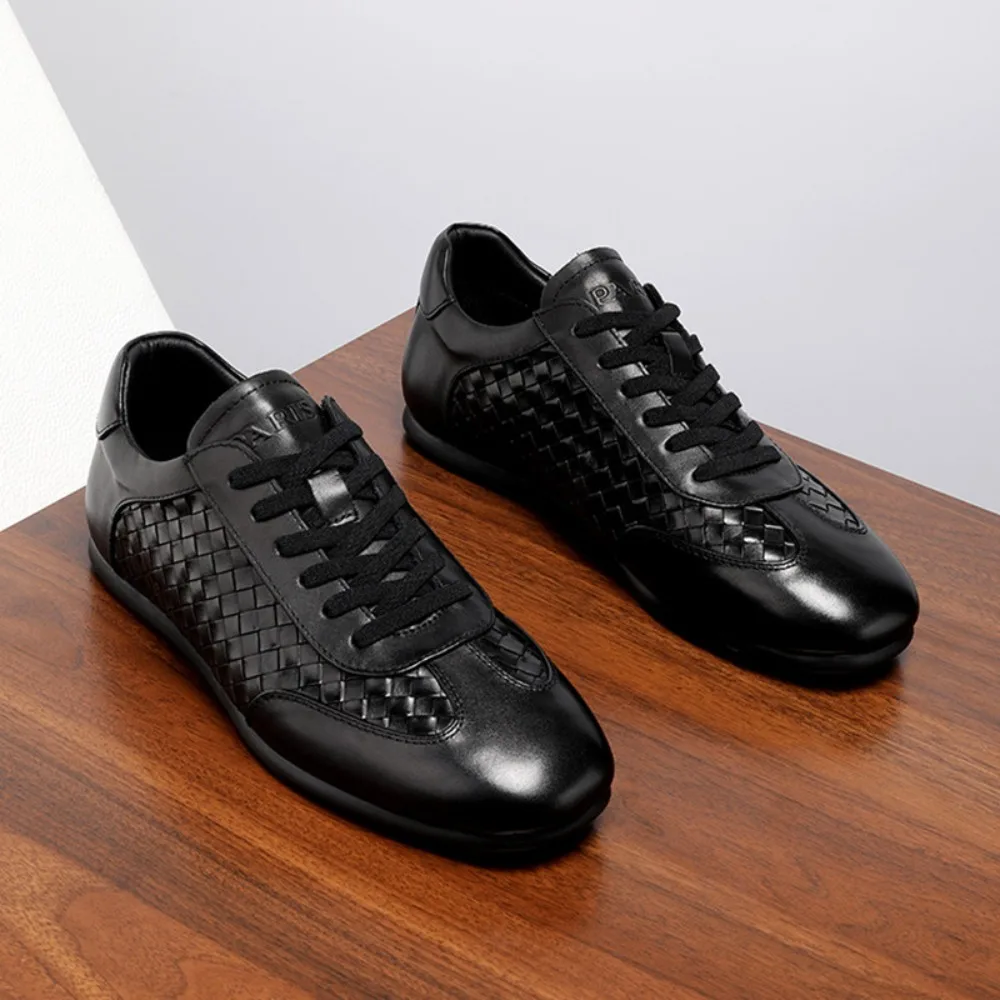 

2026 Men Genuine Leather Training Shoes Woven Thin Sole Lightweight Casual Sneakers Fashion Trendy Leather Shoes