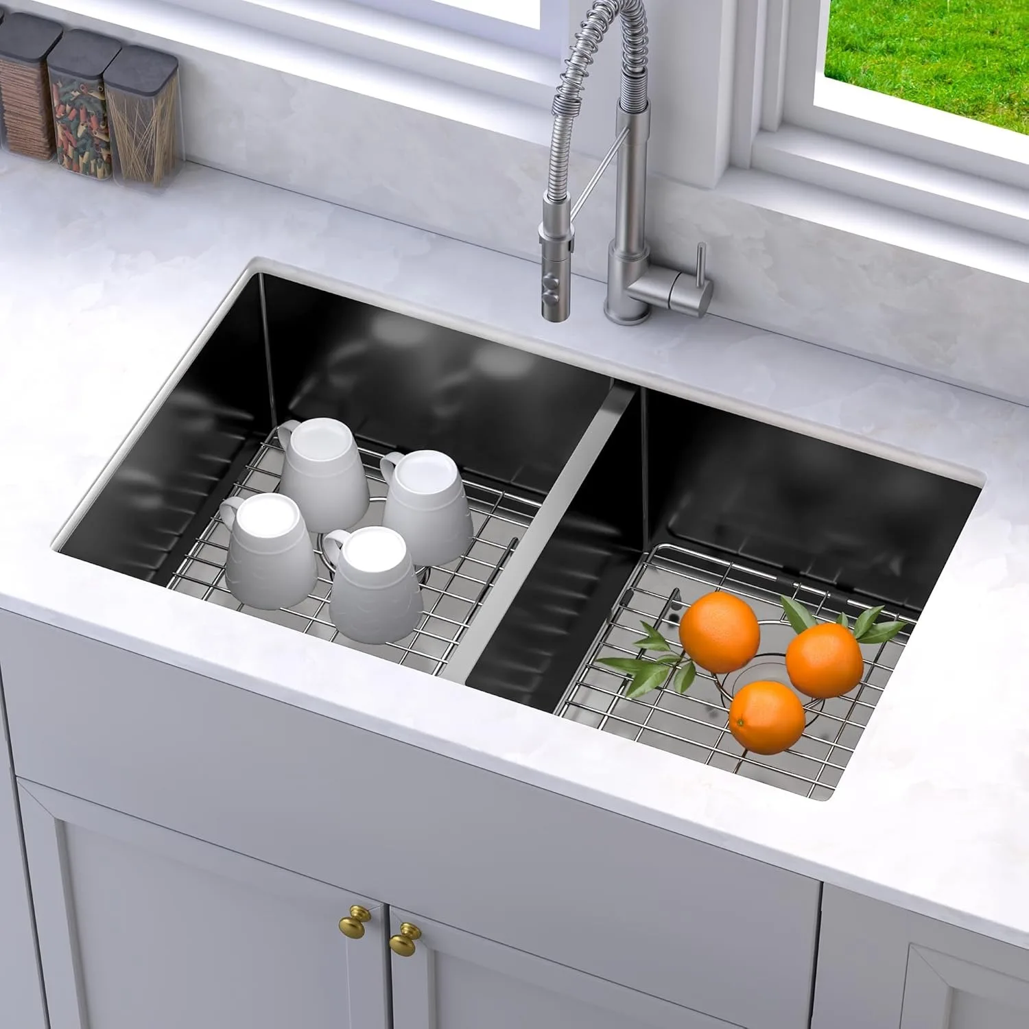 Kitchen Sink 33in Undermount Sink 50/50 Double Bowl 16 Gauge Stainless Steel Nano Gunmetal Black Sink, Bar Sink 33 x 19 x 10in