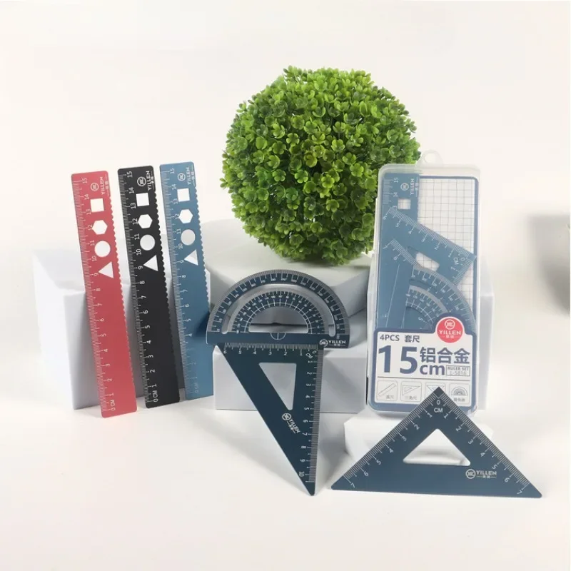 4 قطعة/المجموعة الألومنيوم حاكم مجموعة المعادن/البلاستيك/الناعمة الهندسة الرياضيات رسم البوصلة القرطاسية الحكام الرياضيات للمدرسة
