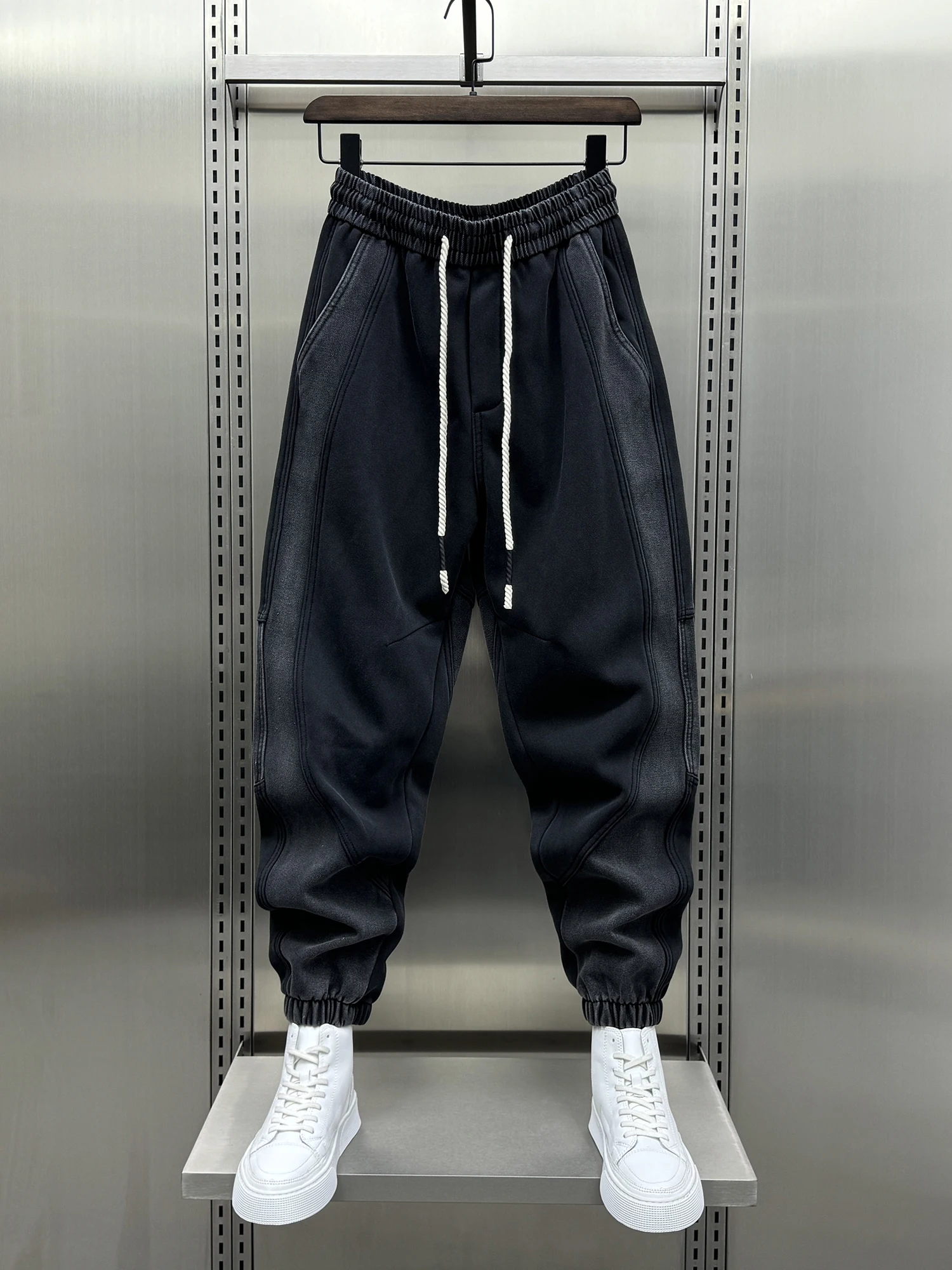 

Мужские зимние модные утепленные флисовые брюки-джоггеры в стиле Харадзюку с отворотами, молодежные, с эластичным поясом, длинные, повседневные