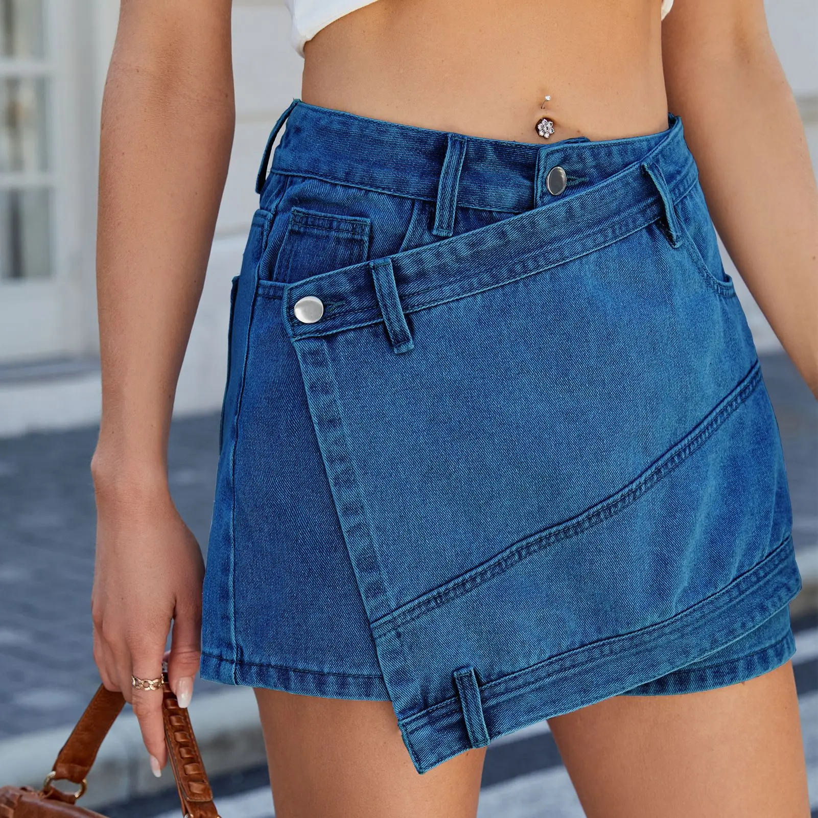 2026 Denim Culottes Women Streetwear Shorts Jeans Irregular Washed Distressed Pockets Mid Waist Club Y2k Vintage Pant Skirt