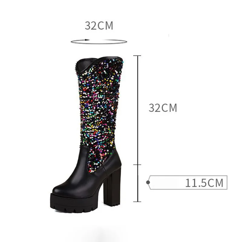 Girseaby 2024 New Design Women Knee Boots Round Toe Chunky Heels 11.5cm Platform Glitter Mixed Big Size 46 47 48 Fashion Bota