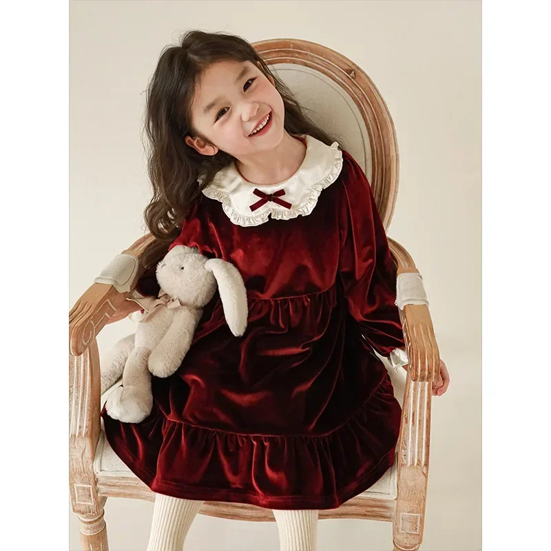 Girl Dress Girls Lapel Lace Dress 2023 Winter New Children Cashmere Warm Princess Skirt Baby Long Skirt Girl Clothes