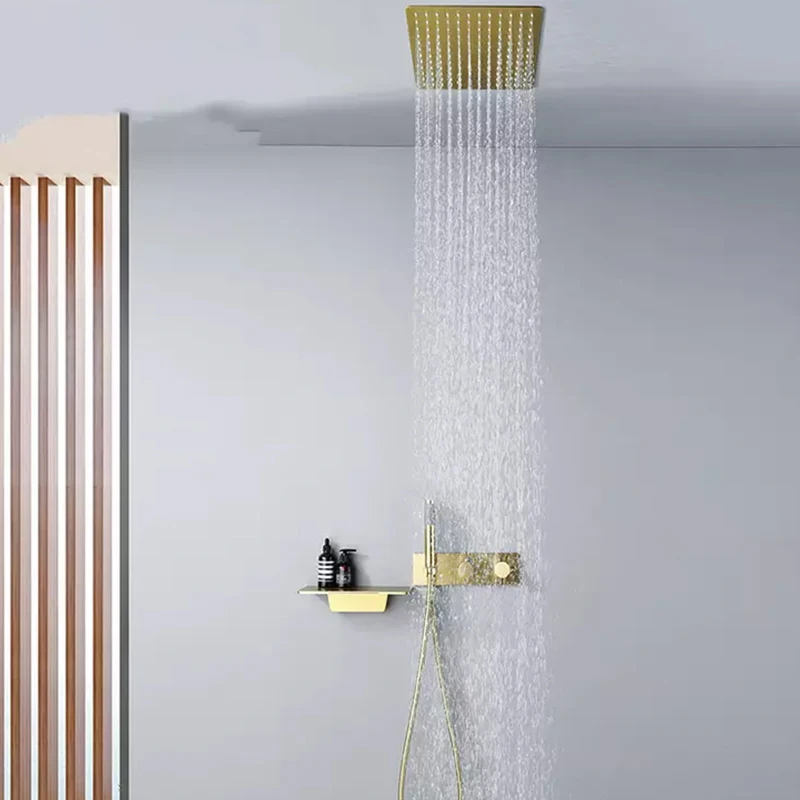 Luxury 3-Way Concealed Ceiling Brushed Brass Shower Set Thermostatic Single Handle Square Shower Head Rain/Pause/Massage/Soft