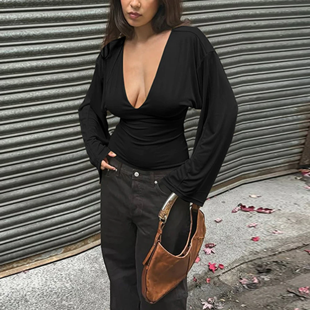 

Talenza Women Black Pullover Fashion One Shoulder Hollow Out Patchwork Streetwear Tops Vintage Slim Casual New Female Pullovers