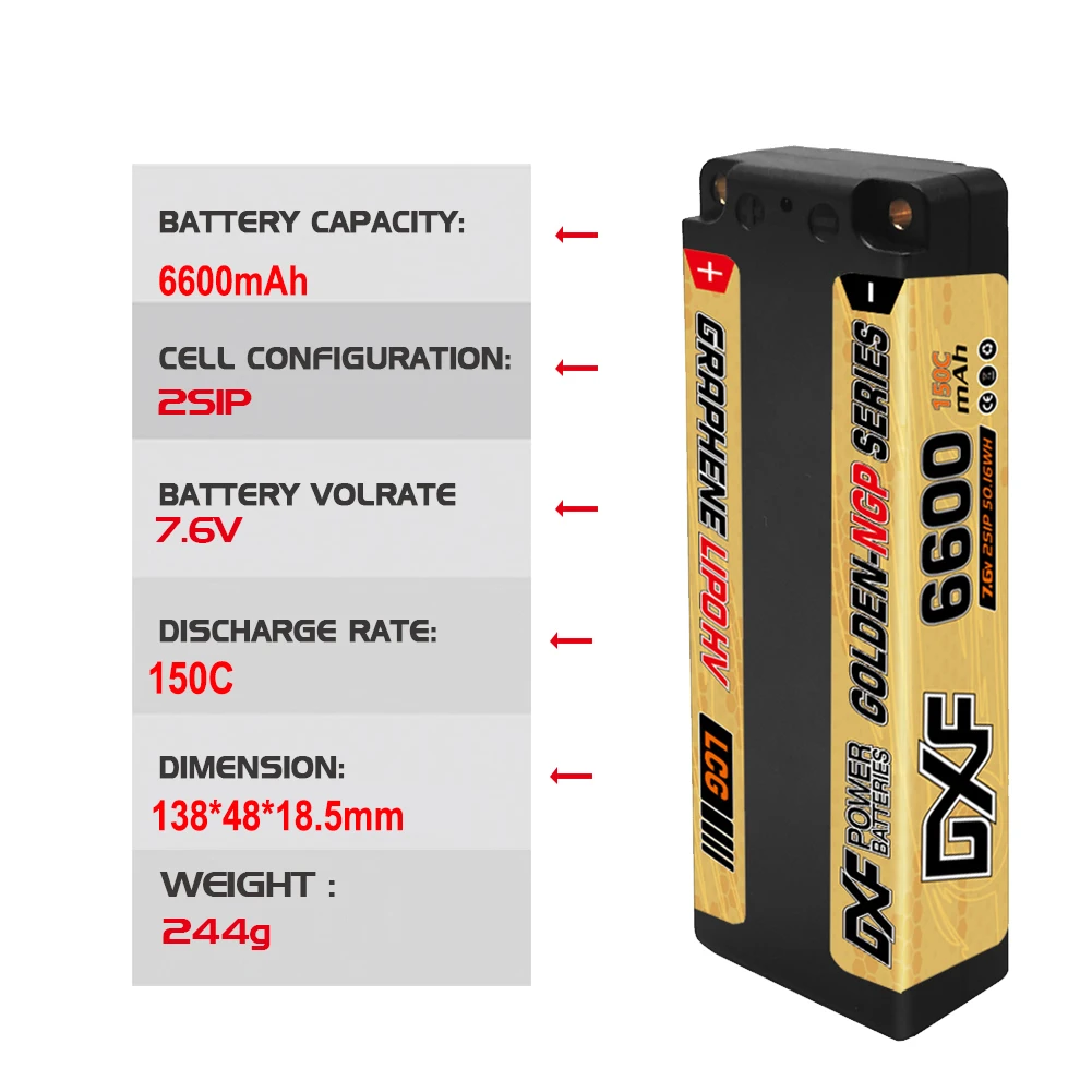 2PCS DXF 2S Lipo Battery 7.6V 6600mAh 150C with XT60 EC5 TRX T/DEANS XT90 XT150 HardCase For 1/8 Buggy RC Car Airplane
