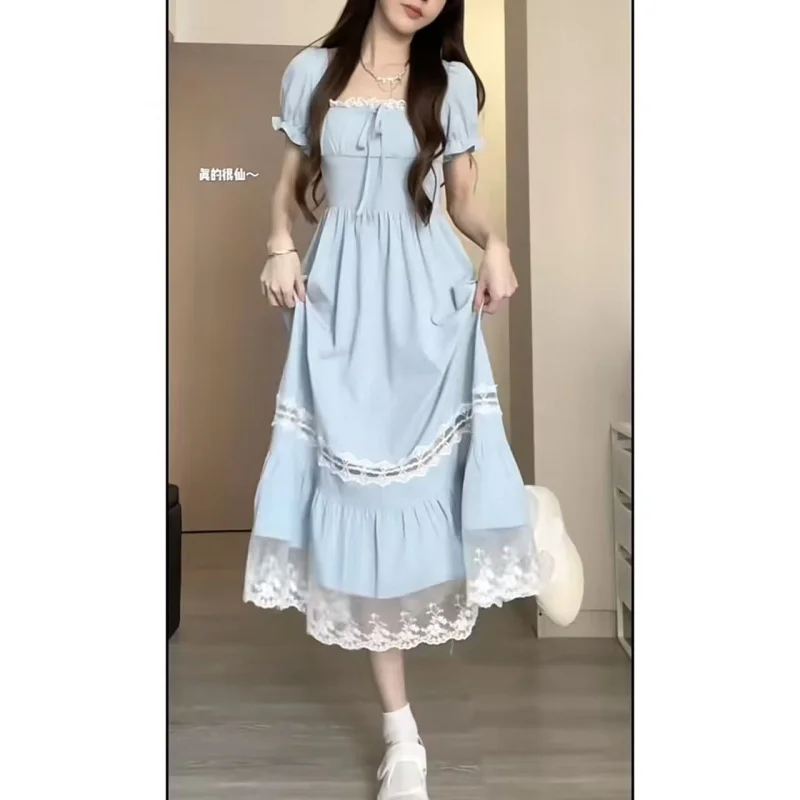 

French Style High-End Blue Puff Sleeve Dress for Women Summer2025New Style Petite Elegant Waist-Cinching Long Dress