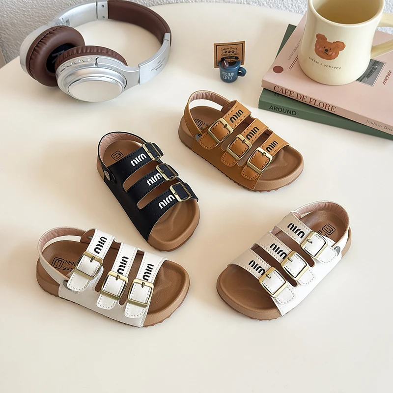 

Girls Summer Sandals Open-Toe Beach Shoes Magic Tape Princess Style Children's Slippers Fashionable Little Girl Flip Flops