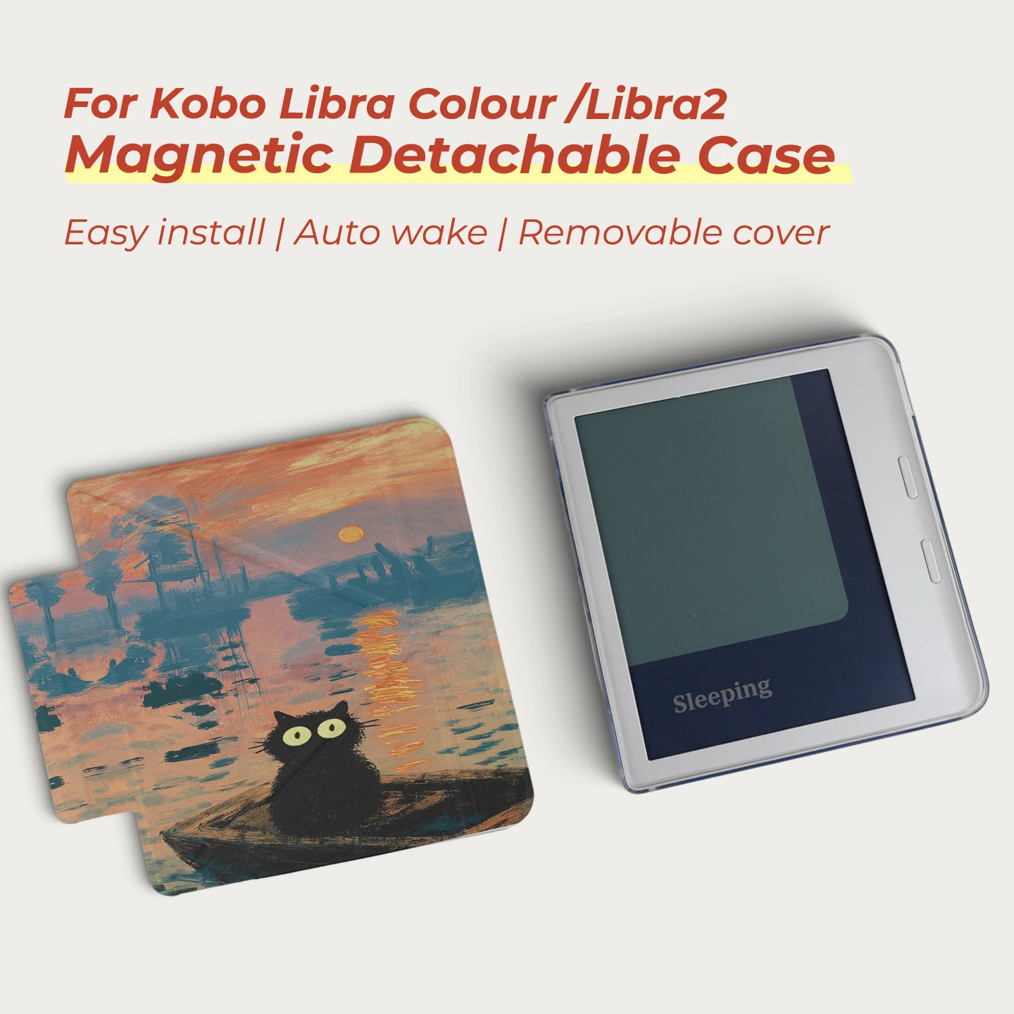 Twosheep suit for Kobo Libra Colour Kobo Libra2 7-inch Case Magnetic Detachable Cover Clear Back Auto Wake Monet and Cat Style