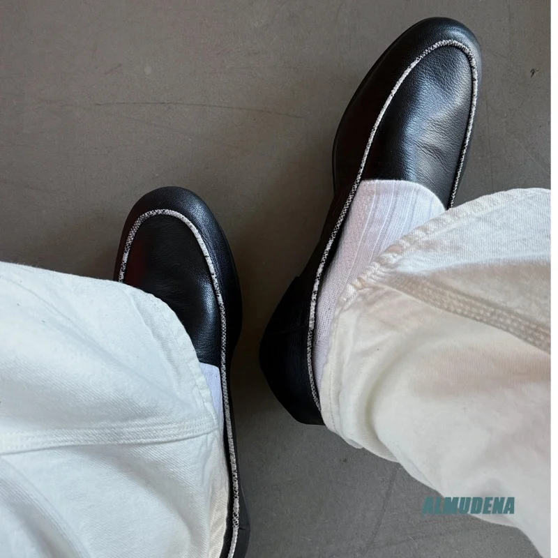 Black Contrast Trim Leather Men's Loafers Low Heel Casual Shoes Office Daily Trendy Versatile Comfortable Slip-On Work Shoes