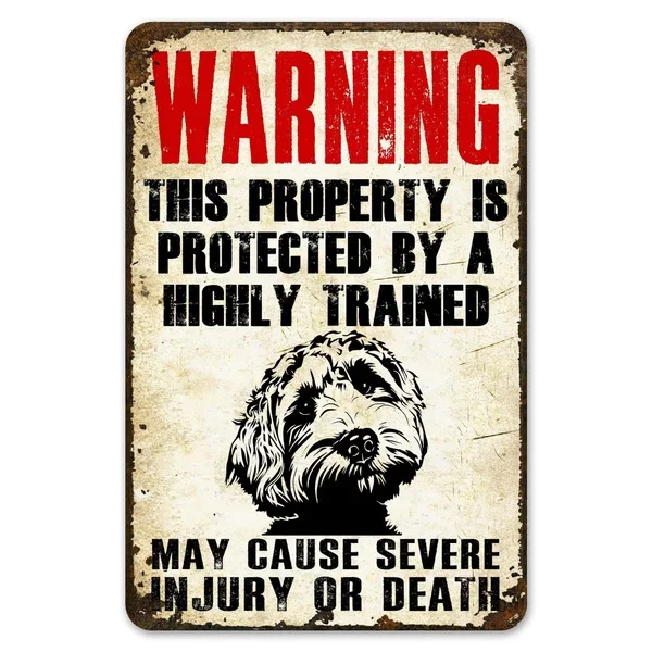 20x30cm Blechschild „Warnung: Dieses Grundstück ist durch Labradoodle-Hund geschützt“, Vintage-Farm-Dekoration, Kunst für Tierliebhaber, Blechschild aus Metall