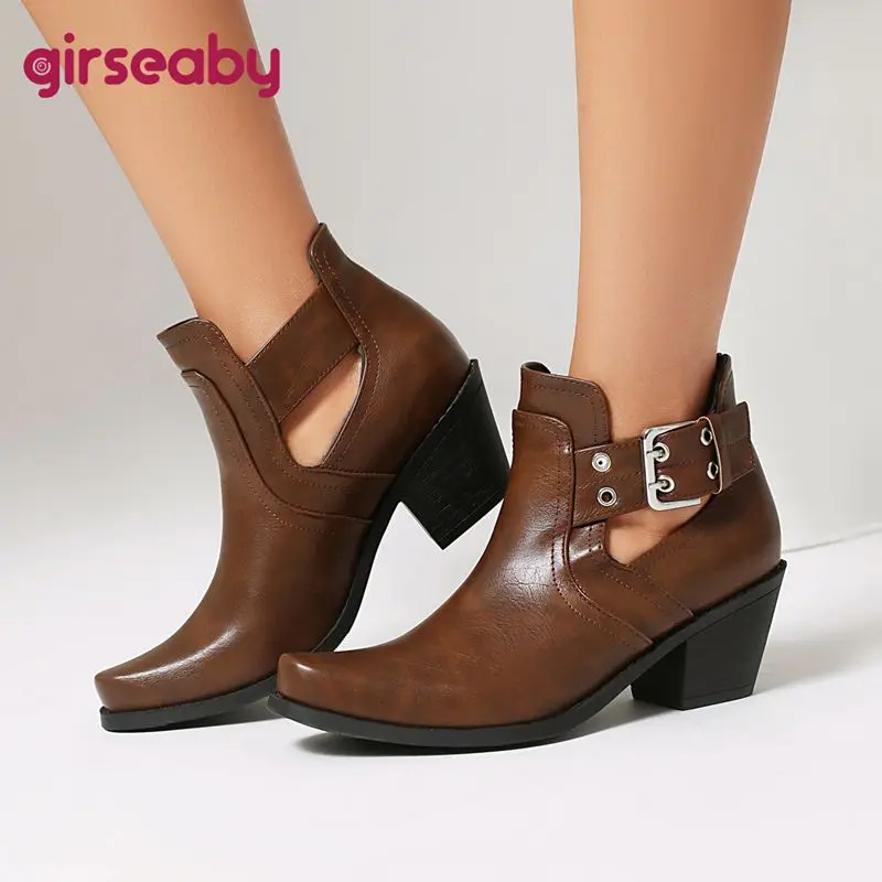 

Женские ретро-ботинки Girseaby в западном стиле, с квадратным носком, на каблуке 6 см, с пряжкой, большие размеры 43, 44, 45, 46, повседневные, короткие, до щиколотки