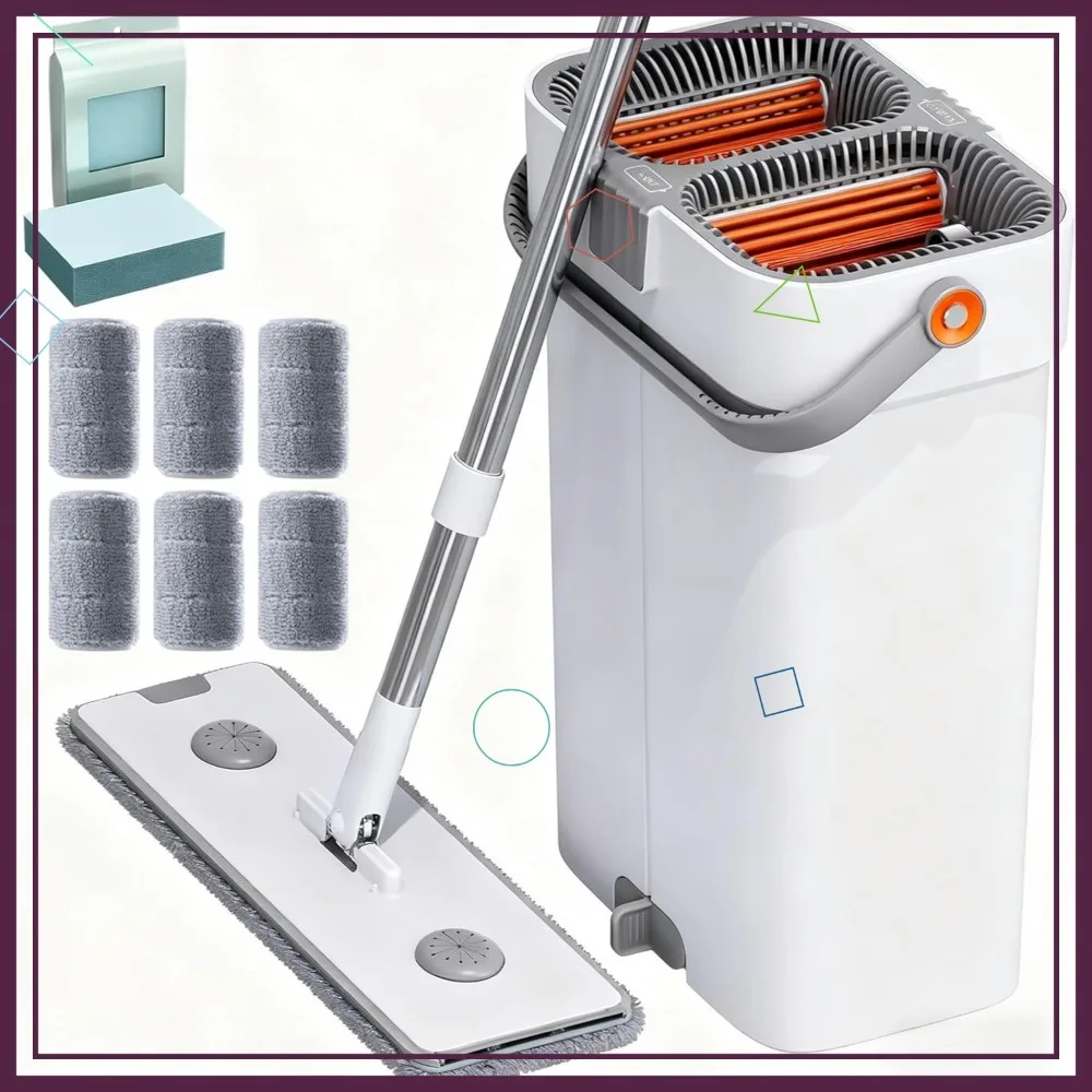 

Large Adjustable Mop and Bucket Set with 6 Washable Microfiber Pads, Extends to 74 Inches for Floor and Wall Cleaning
