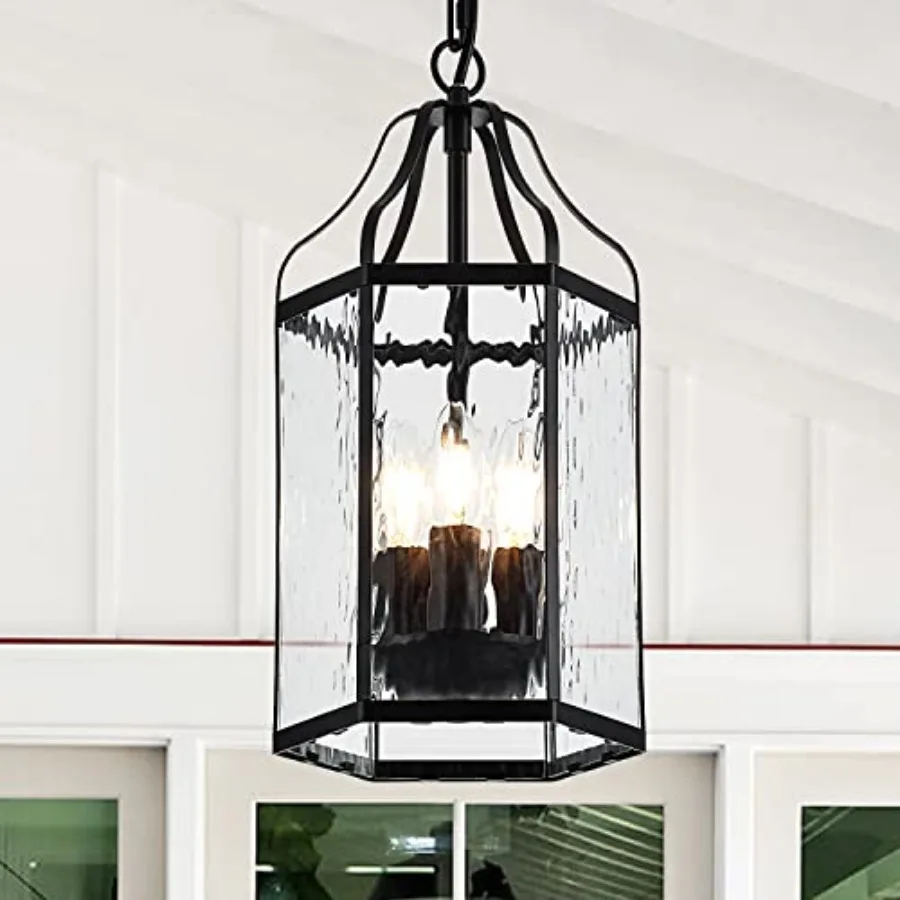 

8" Modern 3-Light Exterior Black Lantern Pendant Light Fixture with Mini Industrial Hanging Cage Chandelier for Outdoor Kitchen
