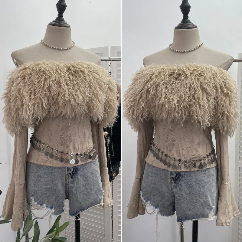 ISAROSE Sexy Fluffy Tops for Women Causal Spring Autumn Solid Color Slash Neck Flare Sleeves One Size Short Slim Ripped T-shirt