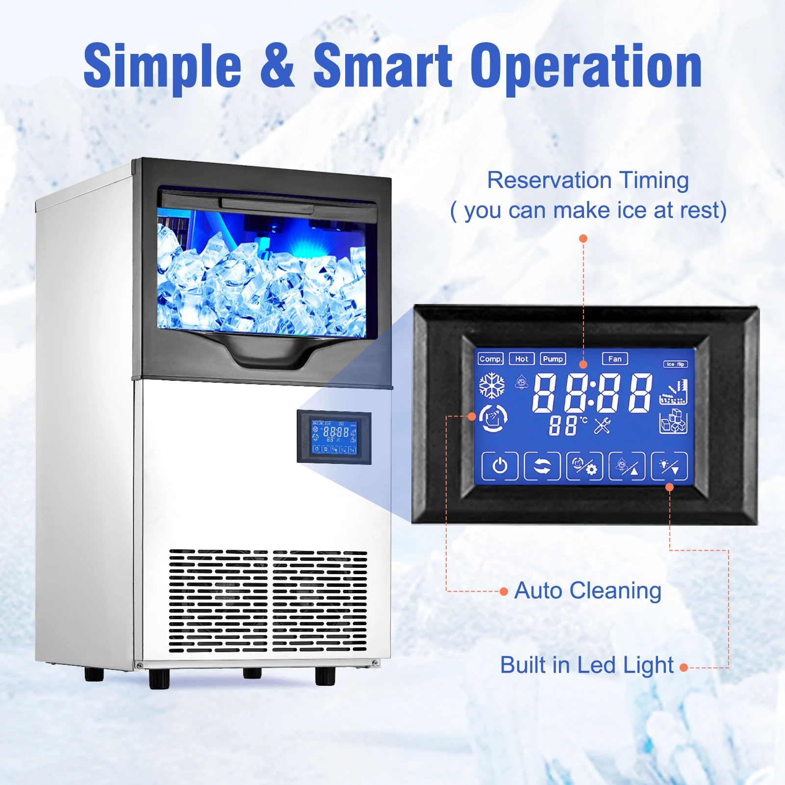 Commercial Ice Maker Machine,Freestanding/Under Counter Stainless Steel Ice Machine,90Lbs/24 Hour with 30Lbs Ice Storage Capacit