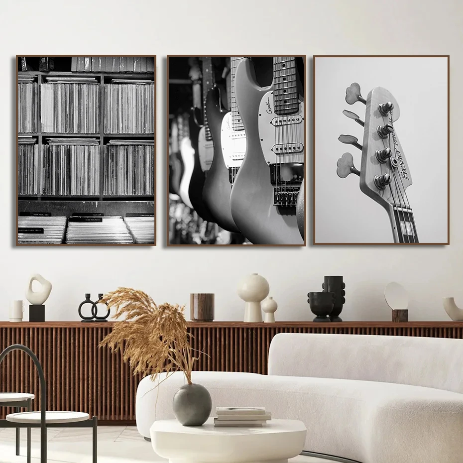 (1PC Unframe)Black and White Photo Drums Guitar Records Albums Violin Canvas Painting Music Poster for Living Room Home Decor Cu