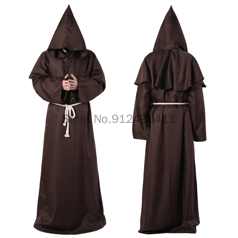 Halloween Costume Men Women Vintage Renaissance Monk Medieval Cosplay Cowl Friar Priest Hooded Robe Rope Cloak Cape