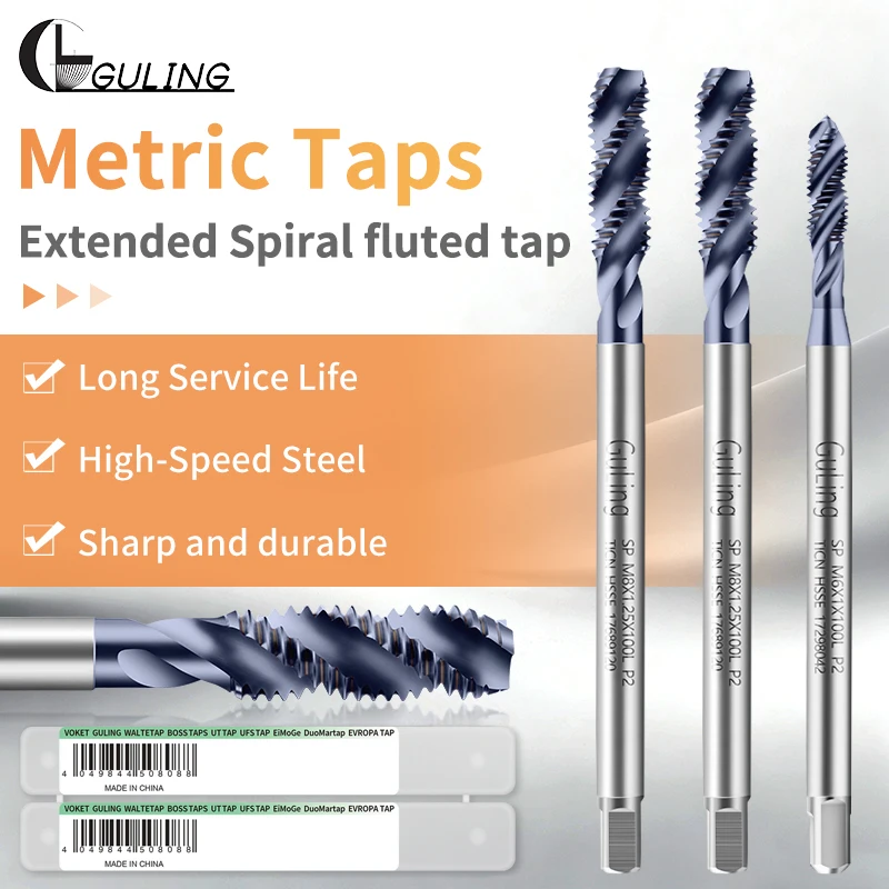 GULING 1PCS HSSE-M35 JIS Standard With TICN Spiral Fluted Tap M1.4-M12X100L Machine Thread Taps