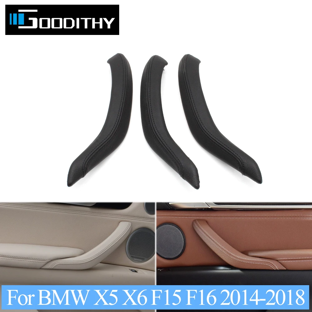 Beige Black Car Interior Passenger Front Rear Door Pull Handle Outer Leather Cover Trim Set For BMW X5 X6 F15 F16 2014-2018