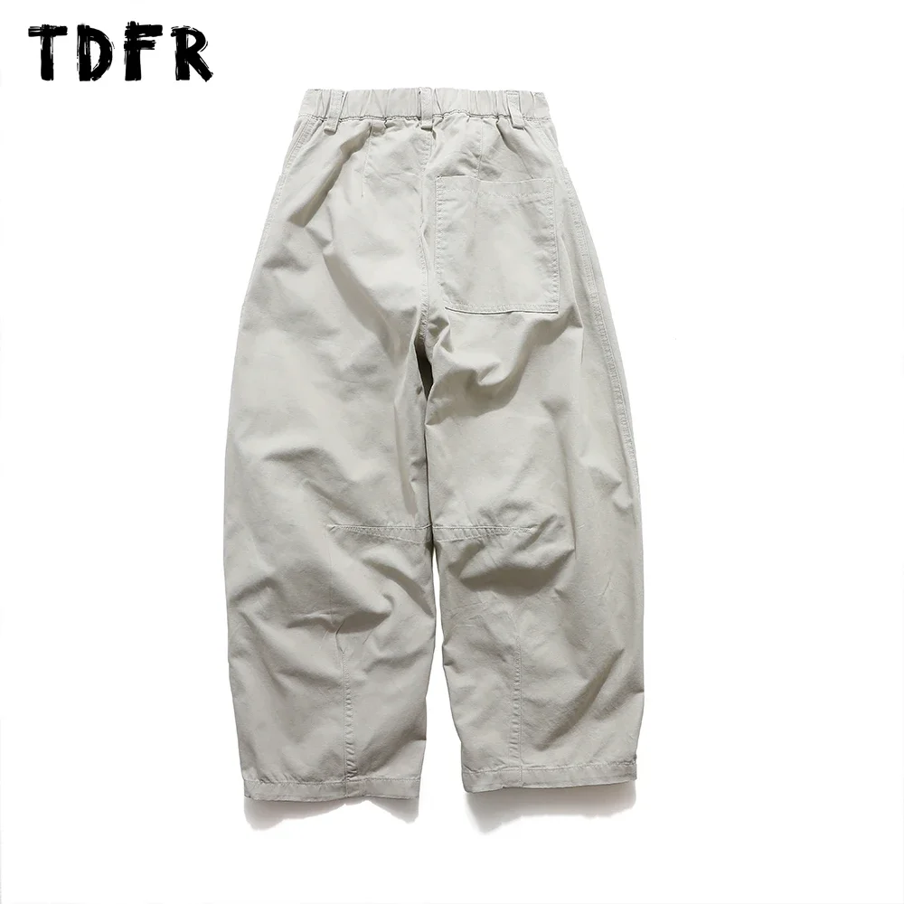 Solid Color Cargo Pants Mens Spliced Retro Streetwear Elastic Waist Pocket Loose Wide Leg Trousers Men