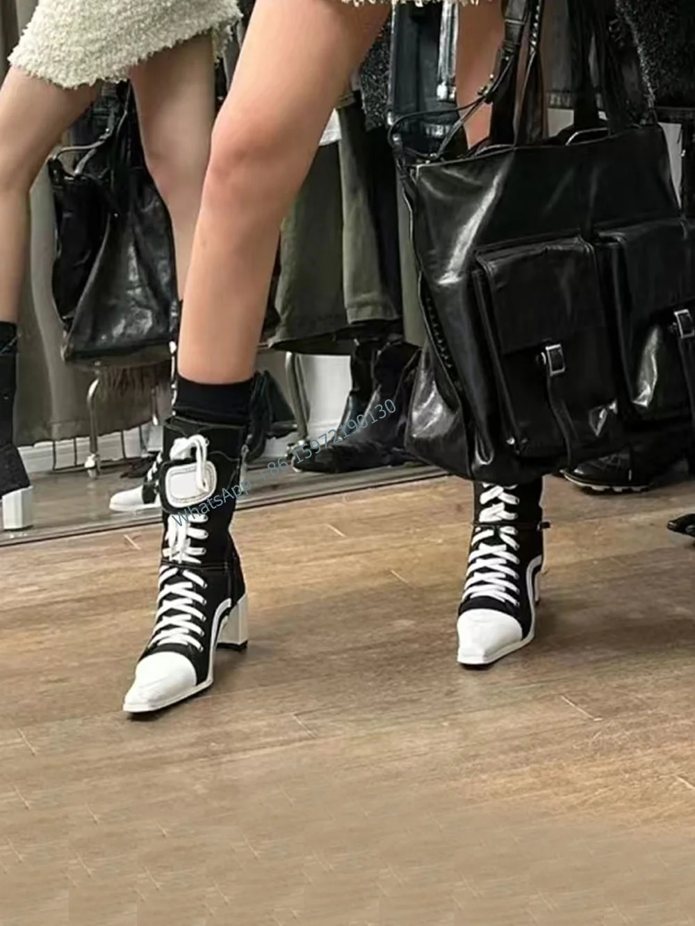 Cross Tied Patchwork Boots Square Toe Chunky Heel Lace Up Black White Mid Calf Shoes Spring Newest Leisure Fashion Shoes