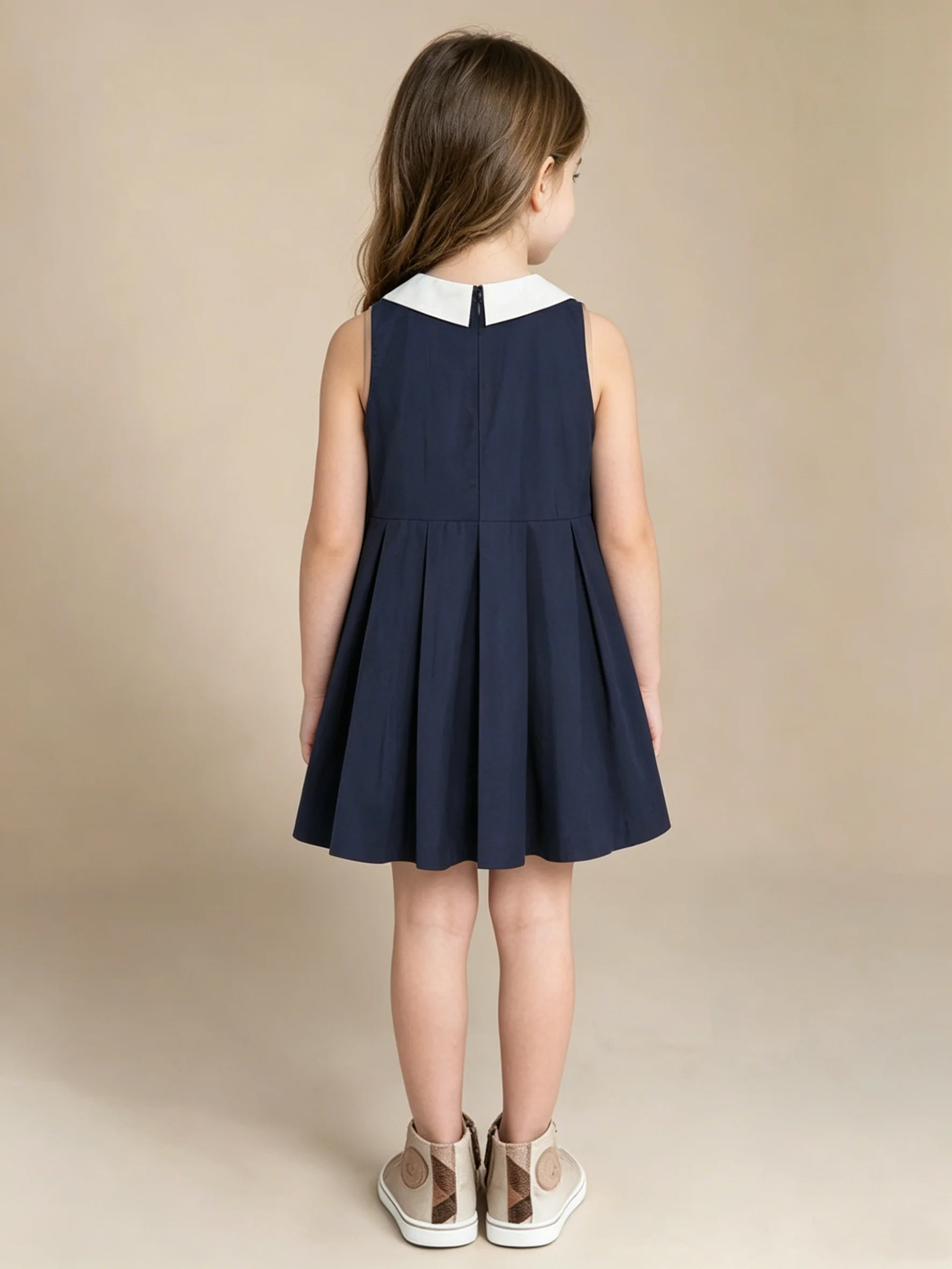 Baby Girl Dress Summer Sleeveless Vest Navy Blue Checkered Cotton Girl Dress Cute White Bow Lapel Girl Beach 1516