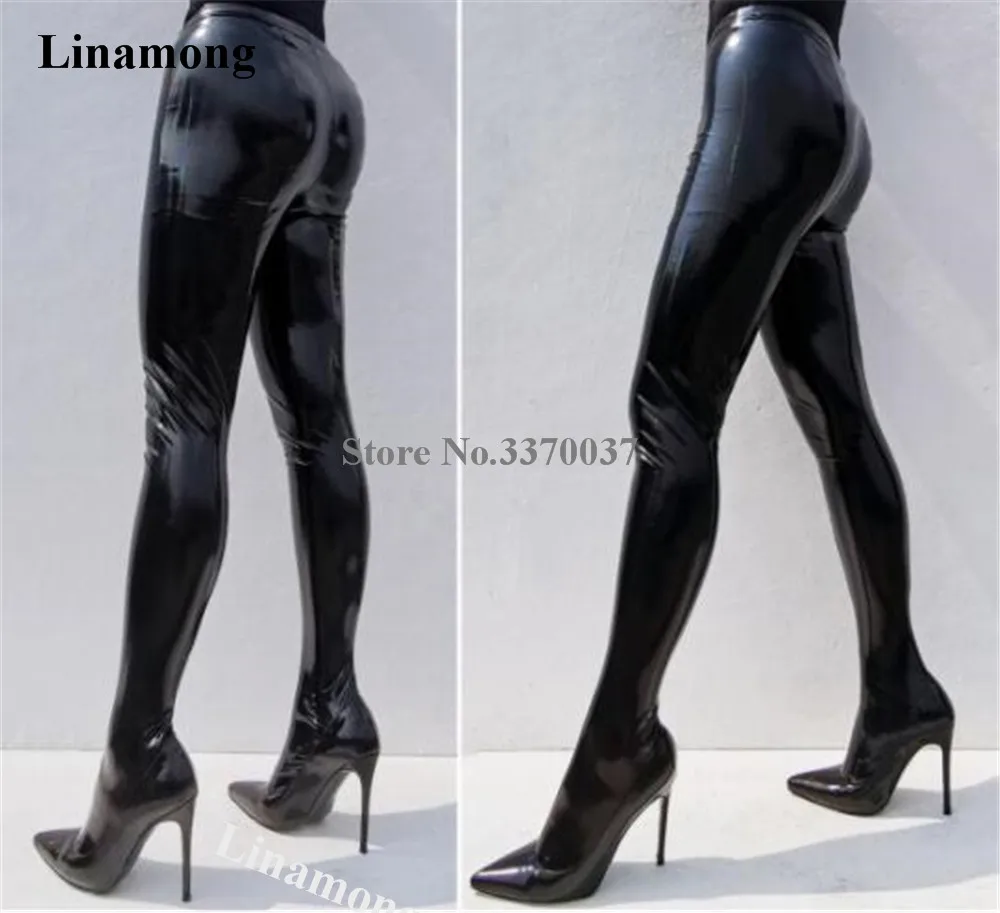 Linamong Sexy Black Patent Leather Suede Waist High Boots Pointed Toe Elastic Bandage Stiletto Heel Long Pant Boots Big Size