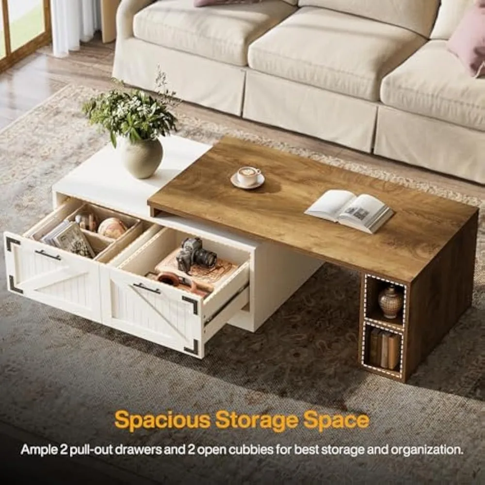 โต๊ะกาแฟทรงสี่เหลี่ยมผืนผ้าแบบขยายได้ขนาดใหญ่พร้อมที่เก็บของสำหรับห้องนั่งเล่น ขนาด 47.24 นิ้ว