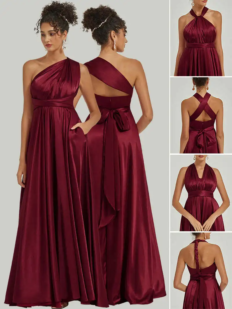 Vestido de dama de honor Convertible de línea a de satén, longitud hasta el suelo, cuello en V, Halter sin mangas, espalda descubierta Simple, vestidos largos hasta el suelo con abertura