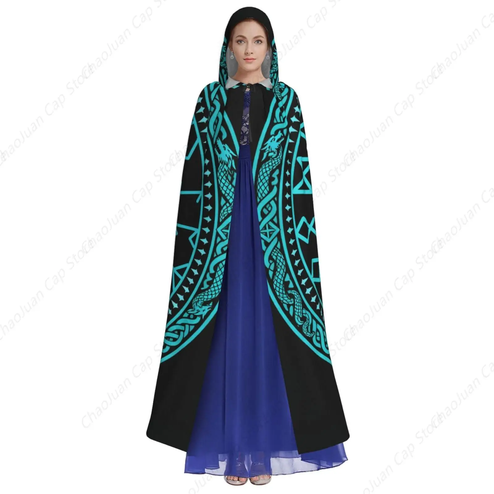 Blue Circle Viking Vegvisir Runic Compass Hooded Polyester Cloak for Christmas Cosplay Costume Adult Cloaks Cape Robe